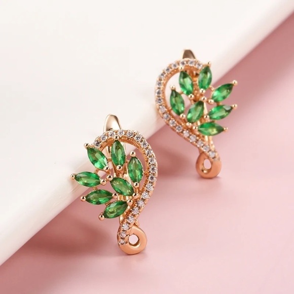 Rose Gold Plated Green Leaf Drop Earrings - Picture 2 of 7